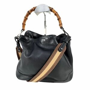 Gucci Black Leather Shoulder Bag with Bamboo Handle